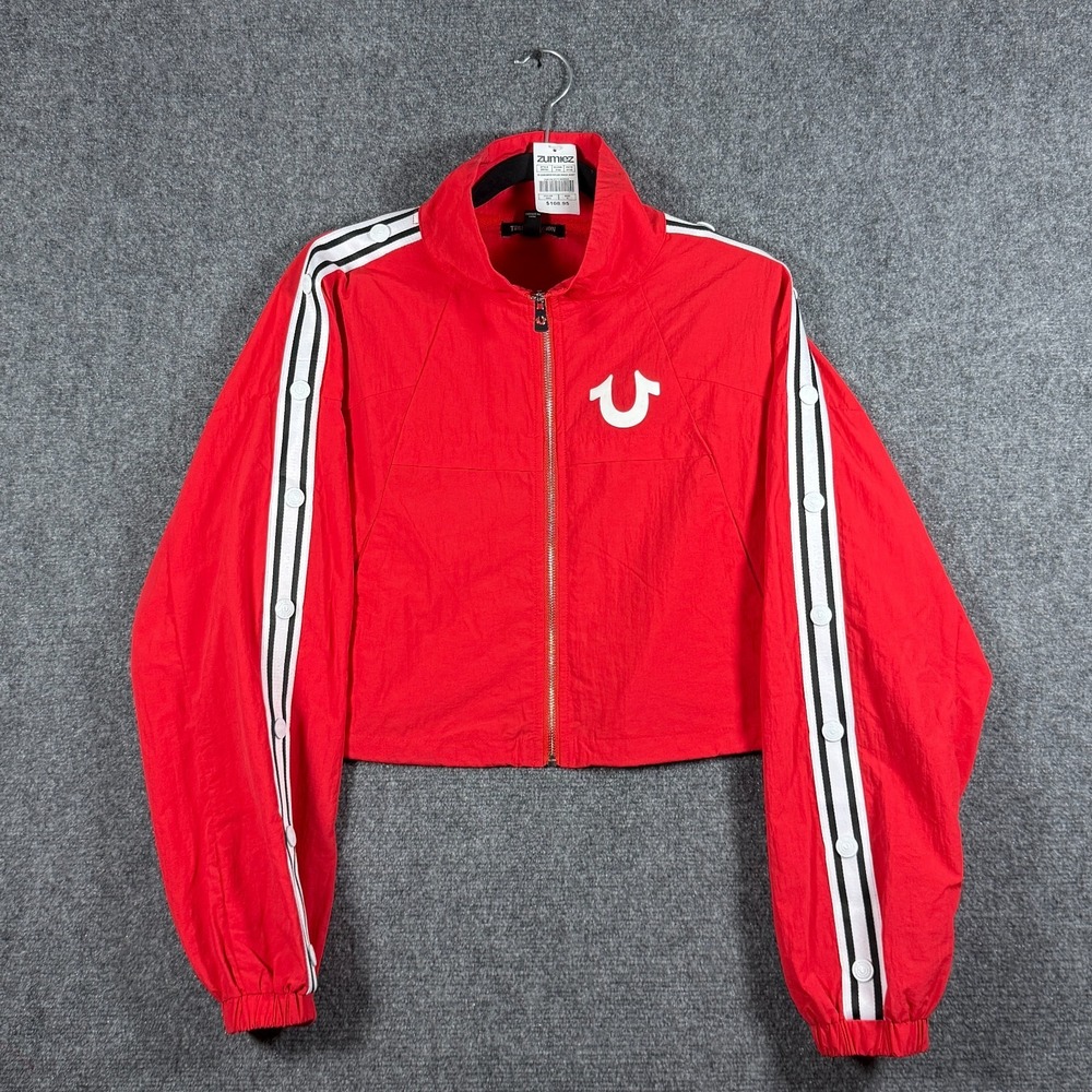 NWT True Religion Nylon Red Shrunken Track Jacket Zip Up Womens Medium #3285
